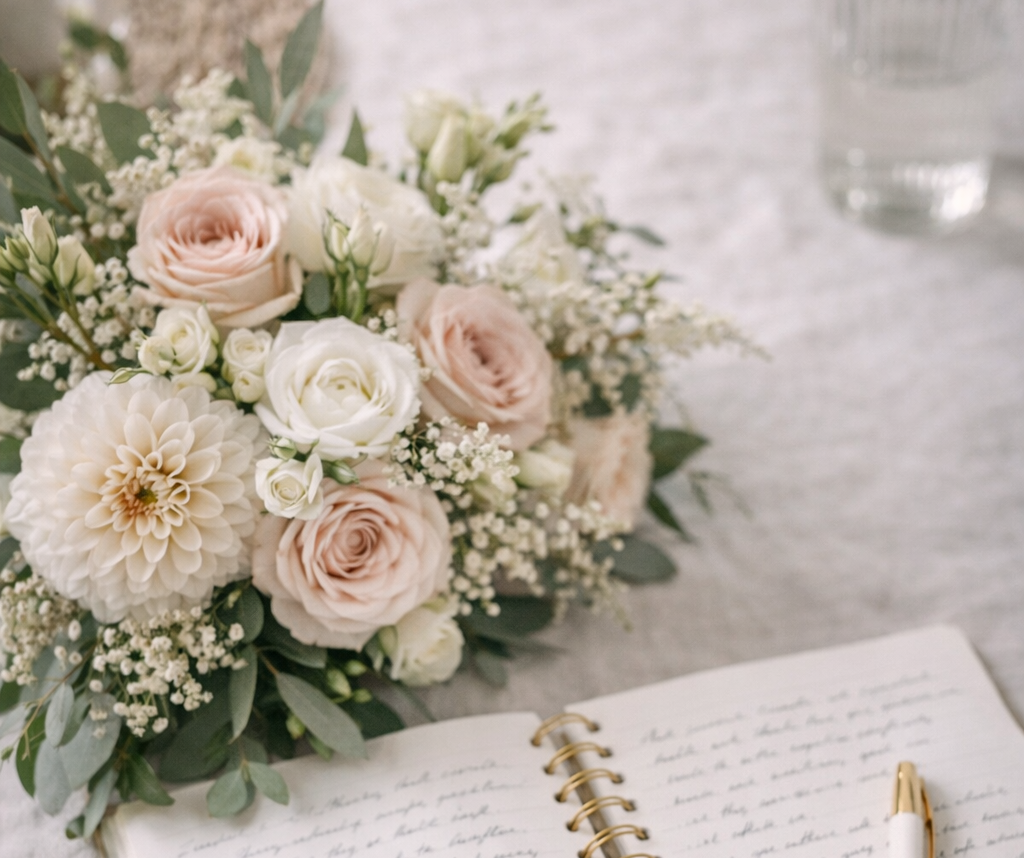 Bouquet de mariée et carnet wedding planner